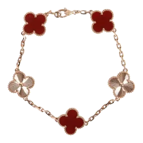 Van Cleef & Arpels Vintage Alhambra 5 Motif Bracelet 18k Rose Gold & Carnelian